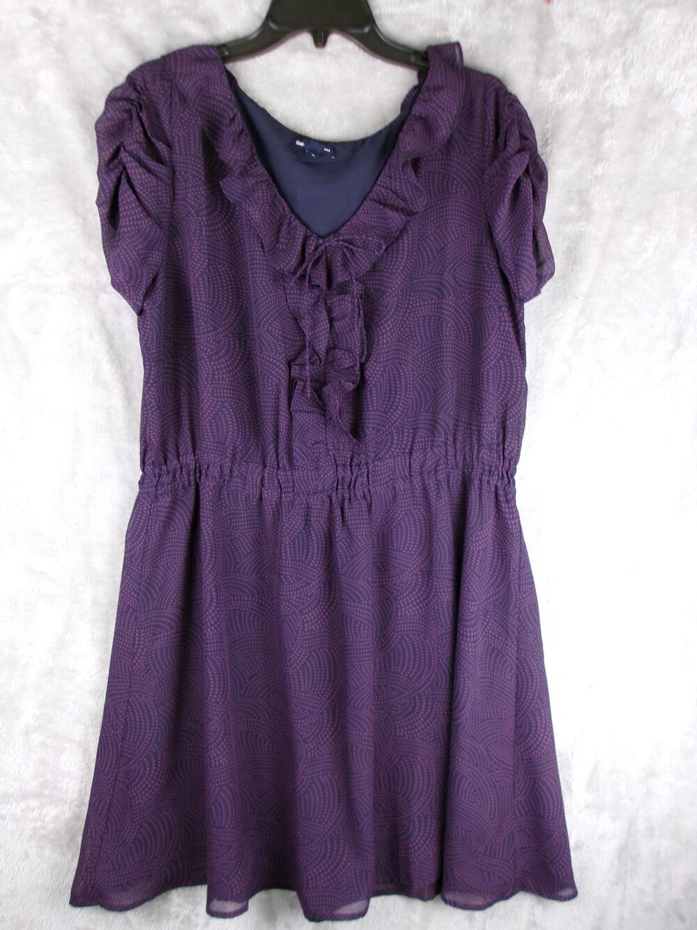 Gap Purple & Navy Printed Ruffle Midi Dress XL Lined Gathered Sleeve
